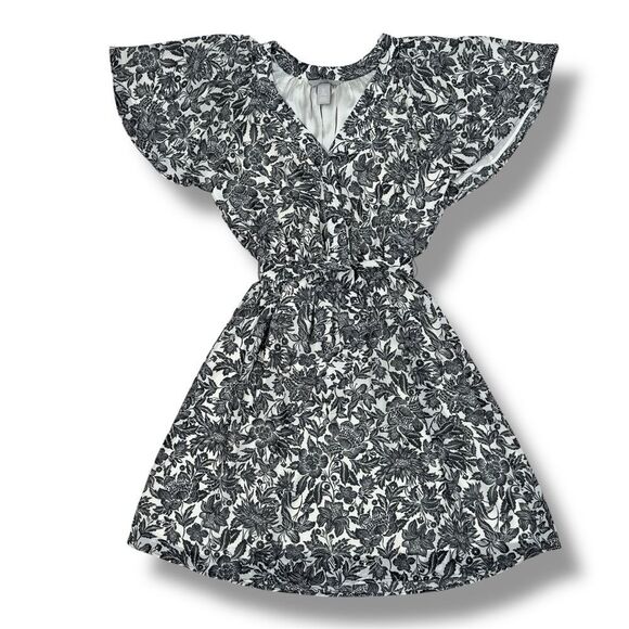 H&M Floral V Neck Flare Sleeve A Line Dress Cream Black Small - Picture 14 of 14